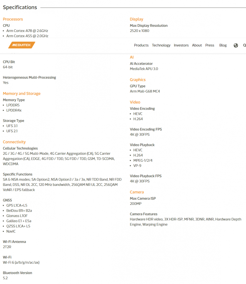 Спецификации MediaTek Dimensity 7050